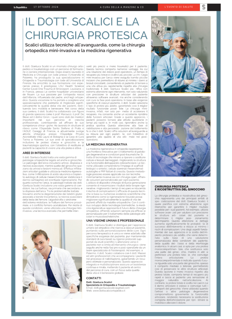 IL DOTT. SCALICI E LA CHIRURGIA PROTESICA (articolo sullo Speciale Salute su La Repubblica)